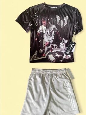 Kids Black Graphic Soccer Tee & Light Gray Shorts Matching Set